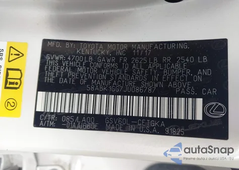 2018 Lexus Es 350 z USA, uszkodzony, nr VIN 58ABK1GG7JU086787